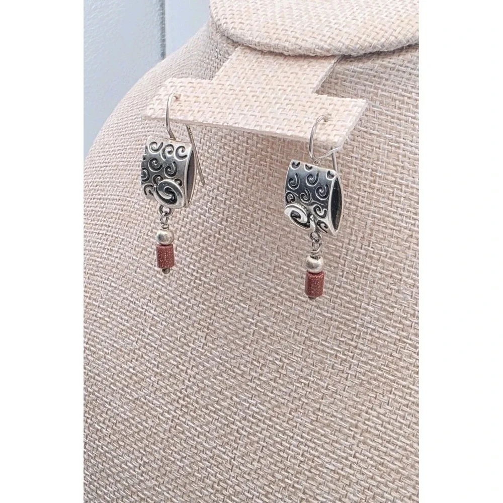 Vtg SILPADA Signed Earrings‎ Semi-Precious Goldstone 925 Sterling Silver Spiral